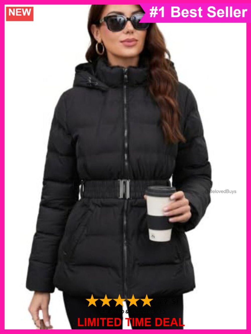 Fleece-Lined Hooded Puffer Jacket Belted Quilted Winter Coat